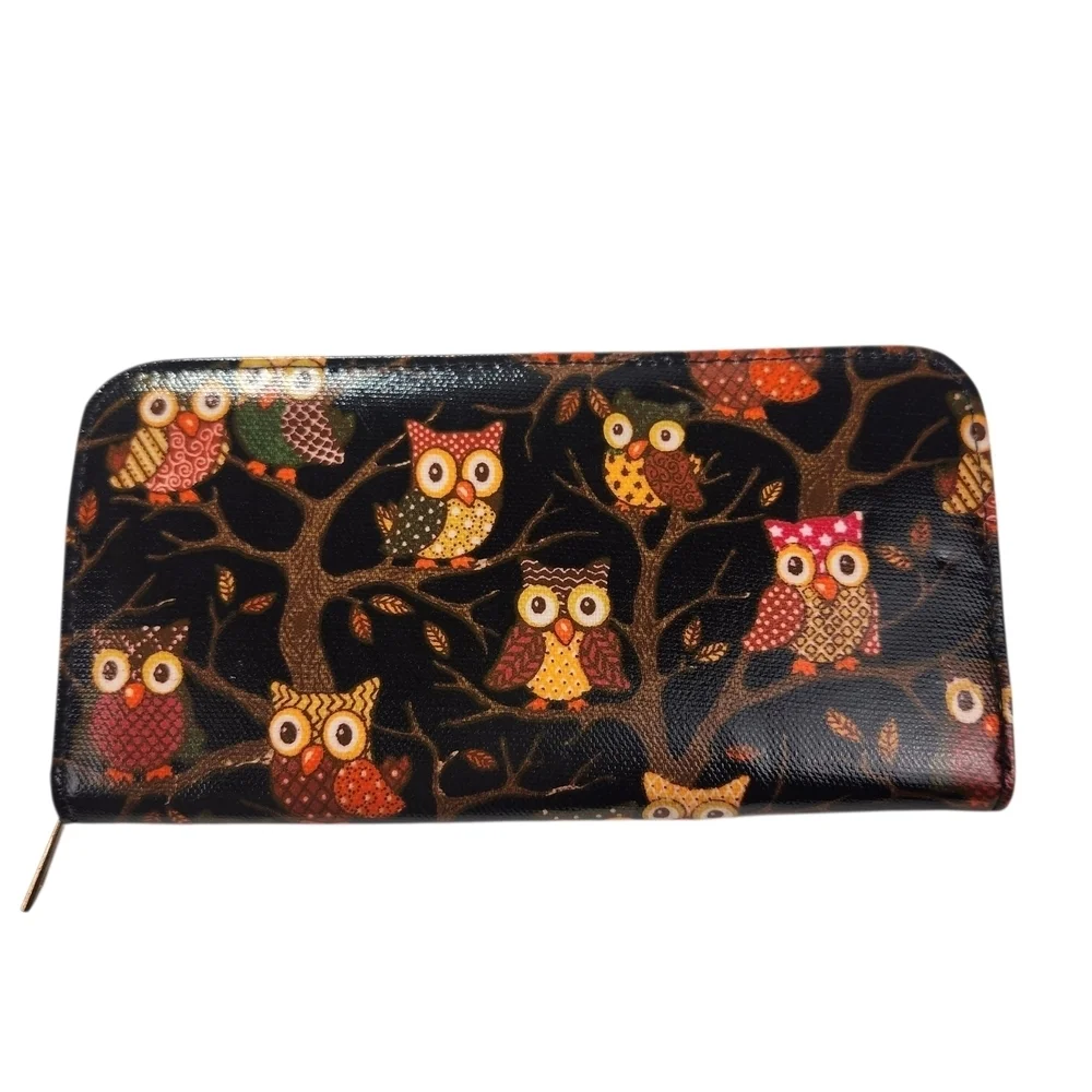 Owl Patterned Black Brown Wallet Long Zip Around